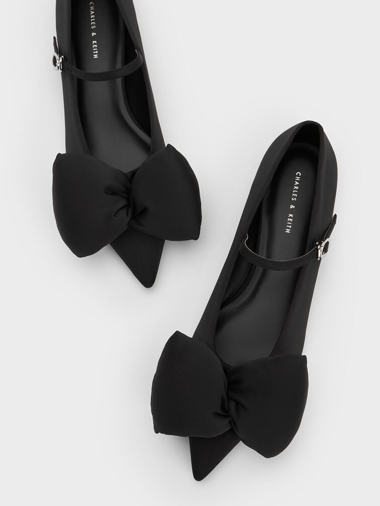 حذاء مسطح ماري جين مزين بفيونكة منتفخة, أسود, hi-res
