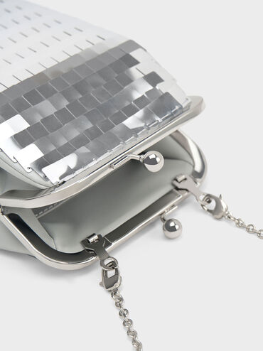Disc-Embellished Chain Handle Pouch, Silver, hi-res