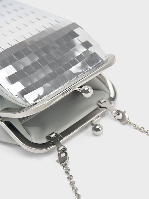 Disc-Embellished Chain Handle Pouch, Silver, hi-res