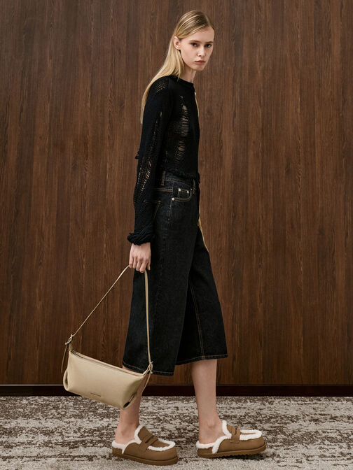 Recycled-Fur Flatform Mules, Brown, hi-res