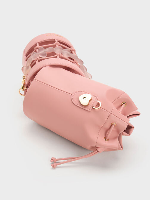 Heart Motif Caged Bucket Bag, Pink, hi-res