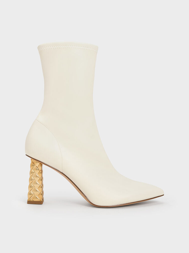 Pointed-Toe Quilted Heel Ankle Boots, Chalk, hi-res