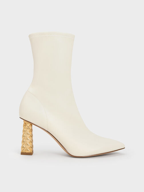 Pointed-Toe Quilted Heel Ankle Boots, Chalk, hi-res