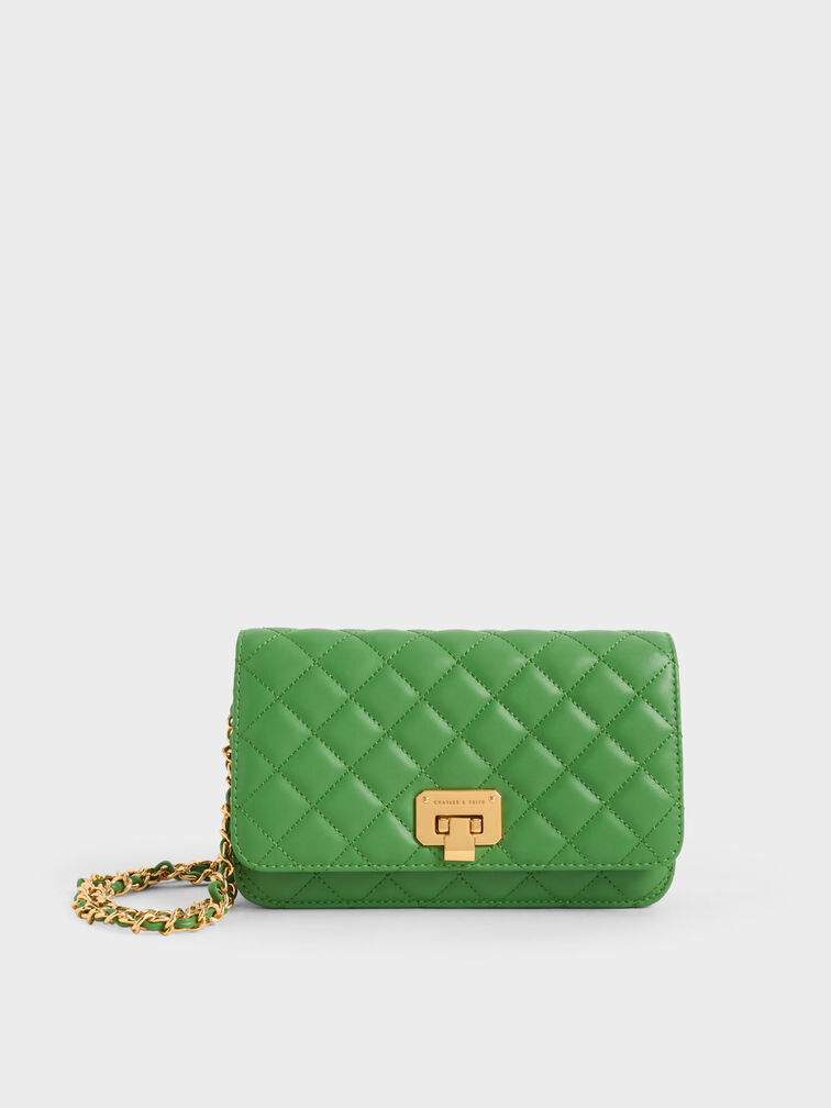 Quilted Push-Lock Clutch, Green, hi-res