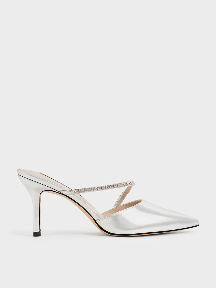 Gem-Encrusted Metallic Stiletto Mules, Silver, hi-res