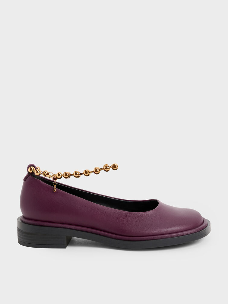 Beaded Ankle-Strap Leather Ballerinas, Prune, hi-res