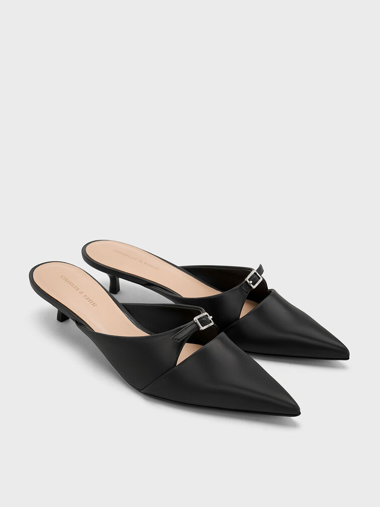 Crystal-Buckle Pointed-Toe Kitten-Heel Mules, Black, hi-res