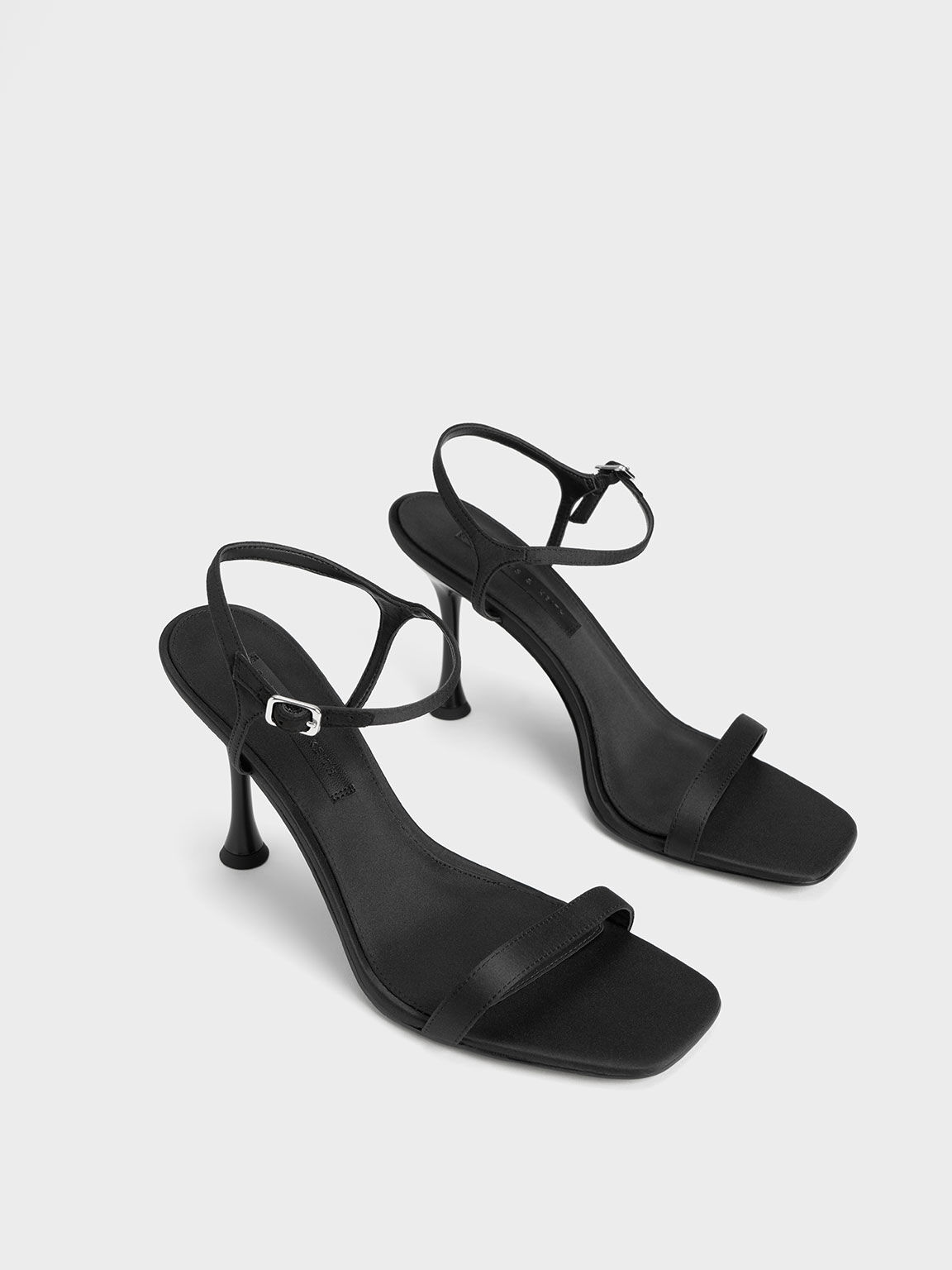 Spool Heel Satin Sandals, Black, hi-res