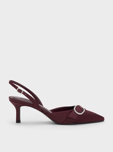 Jannie Recycled Polyester Crystal-Buckle Slingback Pumps, Burgundy, hi-res