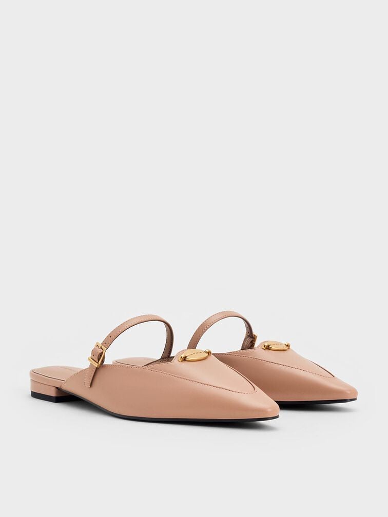 Metallic-Accent Pointed-Toe Mary Jane Mules, Nude, hi-res