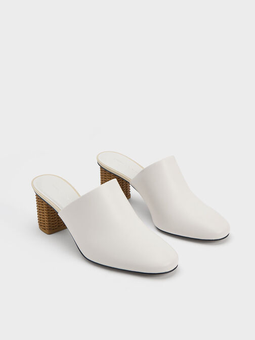 Rattan Block Heel Mules, White, hi-res