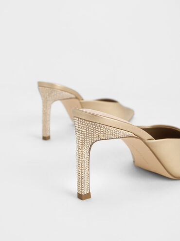 Crystal-Heel Pointed-Toe Mules, Gold, hi-res