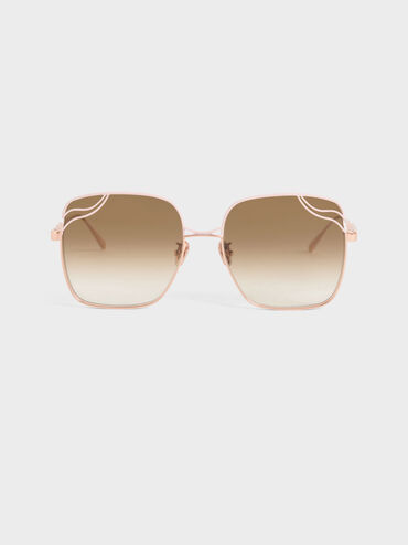 Wavy Wire-Frame Square Sunglasses, Peach, hi-res