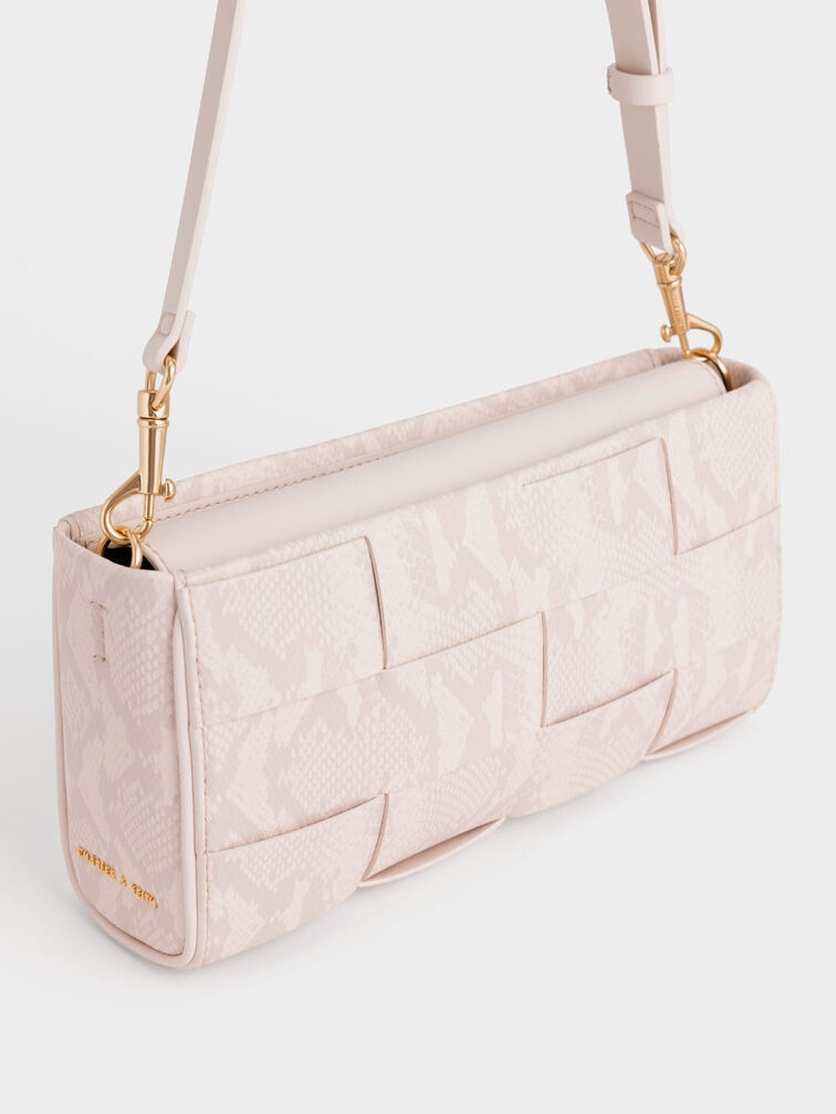 Snake-Print Woven Chain-Handle Bag, Chalk, hi-res