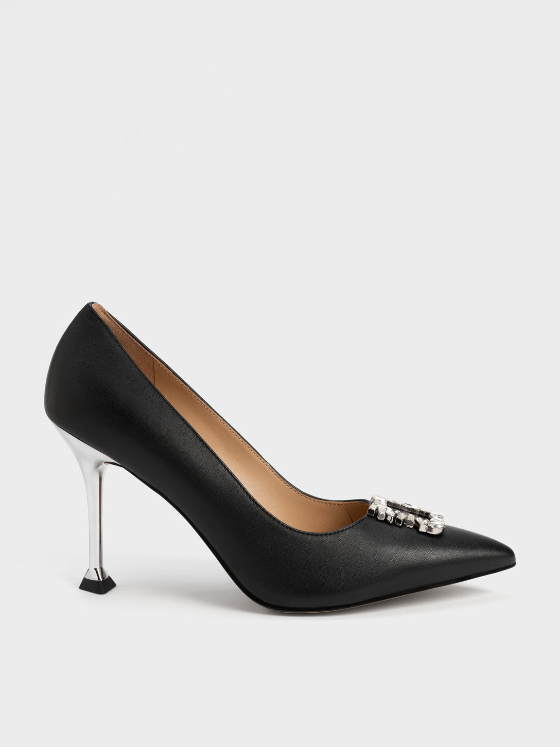 Leather Gem-Embellished Pumps, Black, hi-res