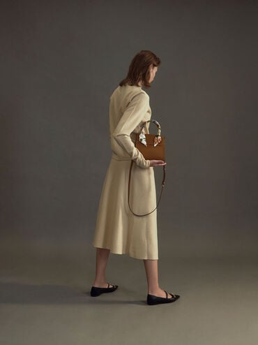 Scarf-Wrapped Top Handle Bag, Camel, hi-res