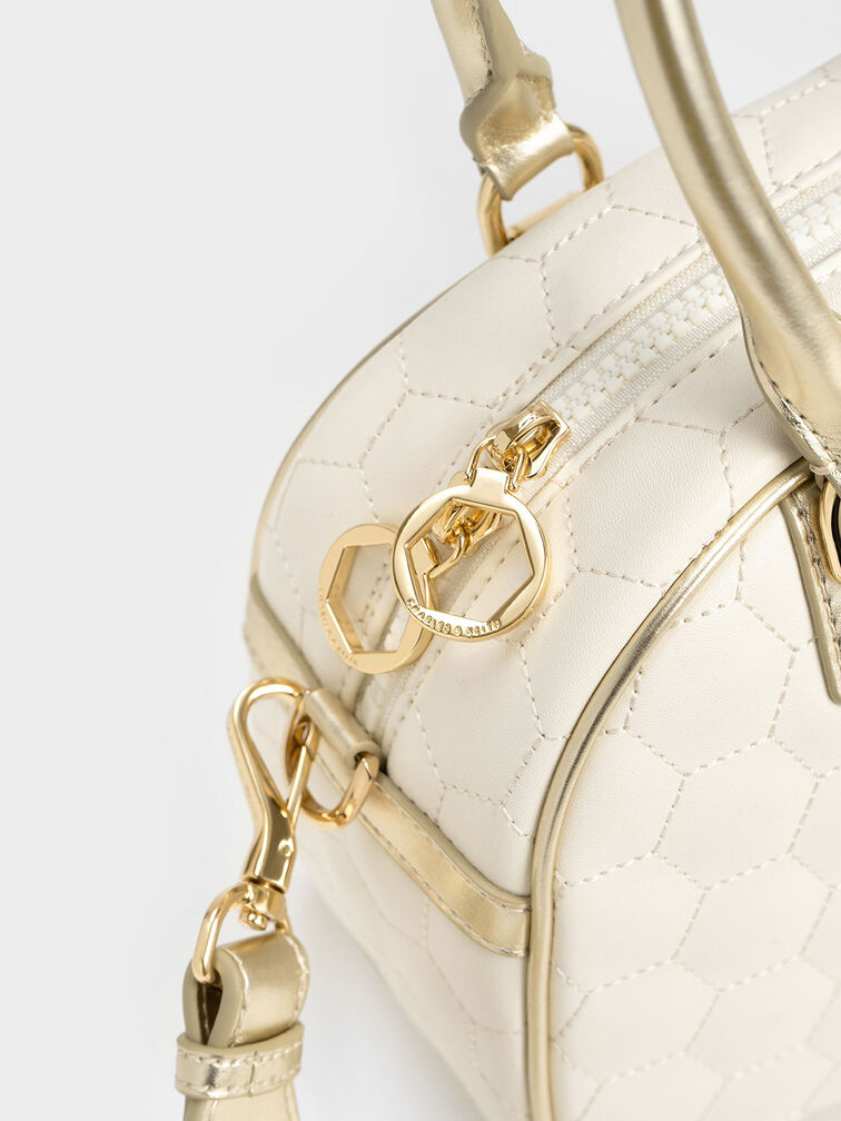Striped Textured Bowling Bag, Gold, hi-res