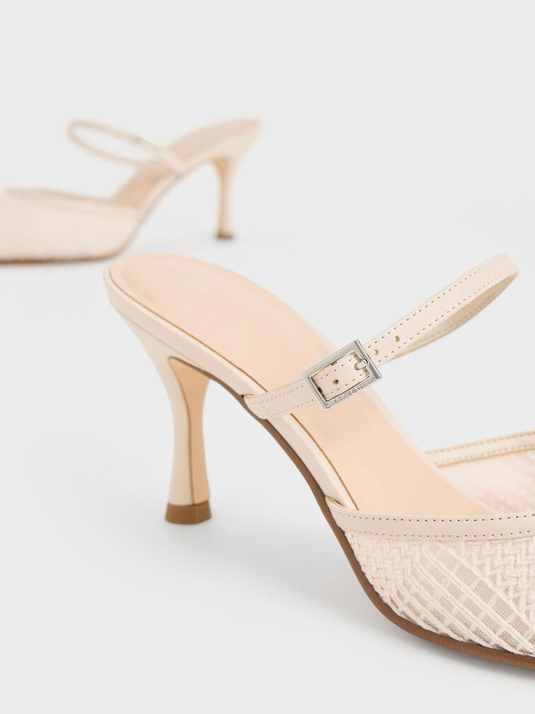 Mesh Woven Heeled Mules, Cream, hi-res