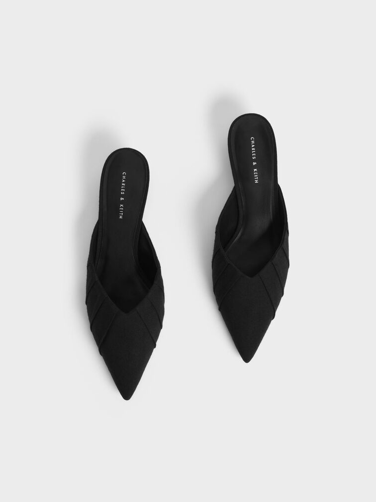 Linen Ruched Cylindrical Heel Mules, Black, hi-res