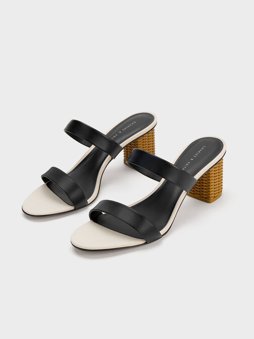 Rattan Block Heel Sandals, Black, hi-res