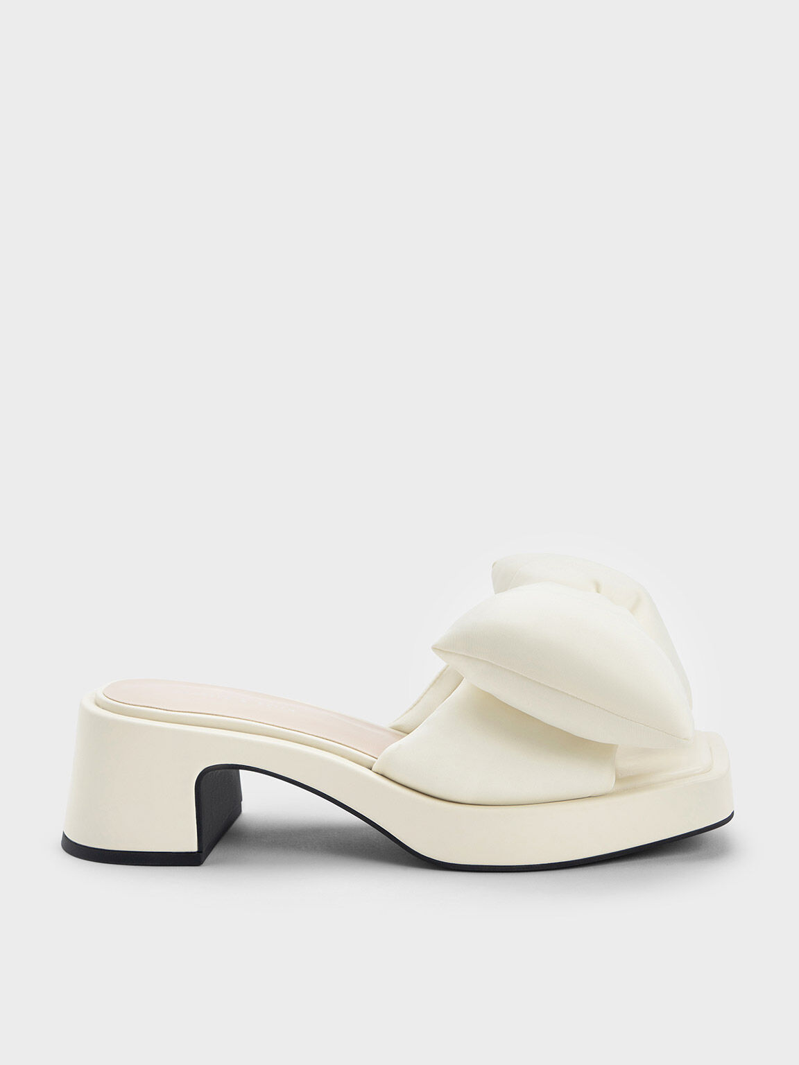 Puffy Bow Heeled Mules, Cream, hi-res