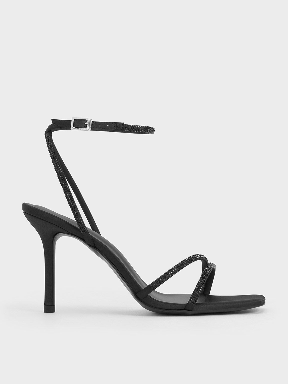 Black Satin Crystal Embellished Stiletto Heel Sandals CHARLES KEITH SA