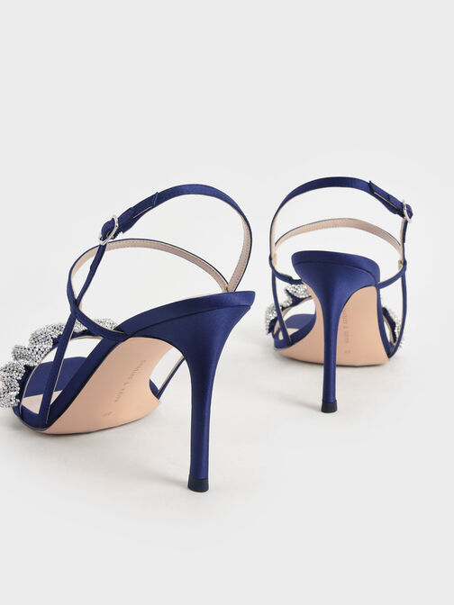 Gem-Embellished Satin Stiletto Sandals, Dark Blue, hi-res