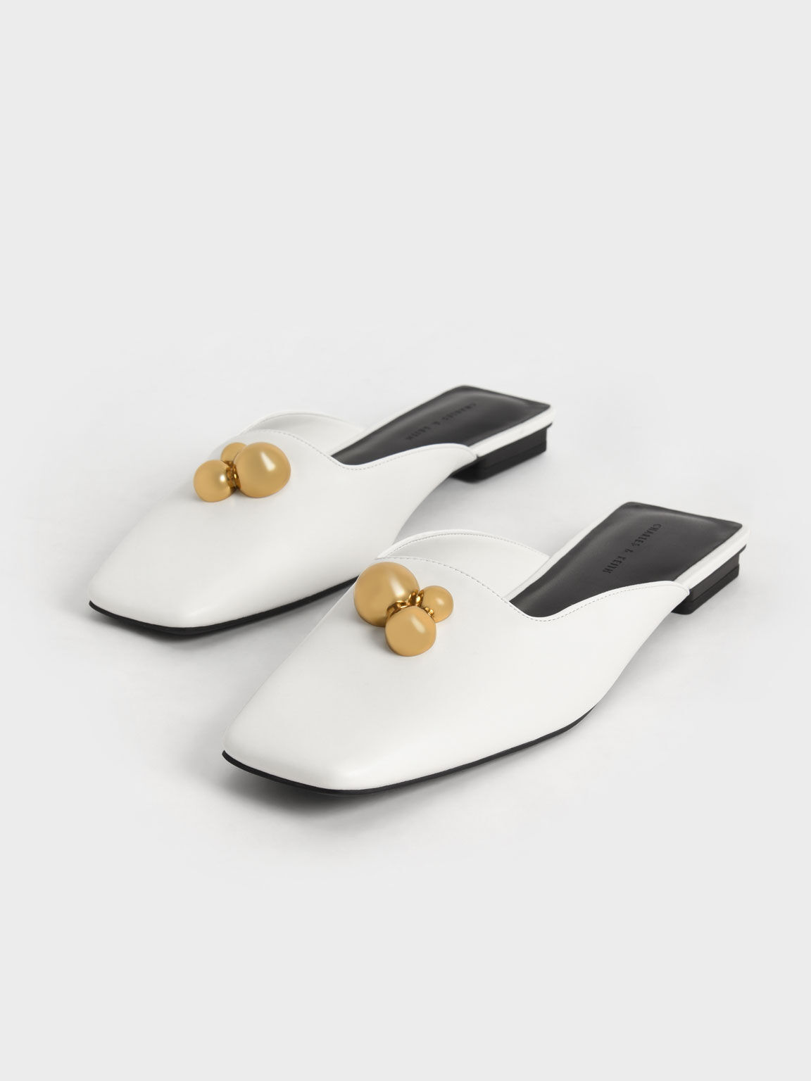White Metallic Accent Square-Toe Mules - CHARLES & KEITH SA