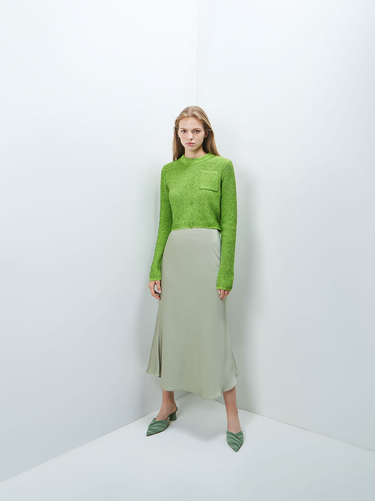 Pleated Pointed Toe Mules, Green, hi-res