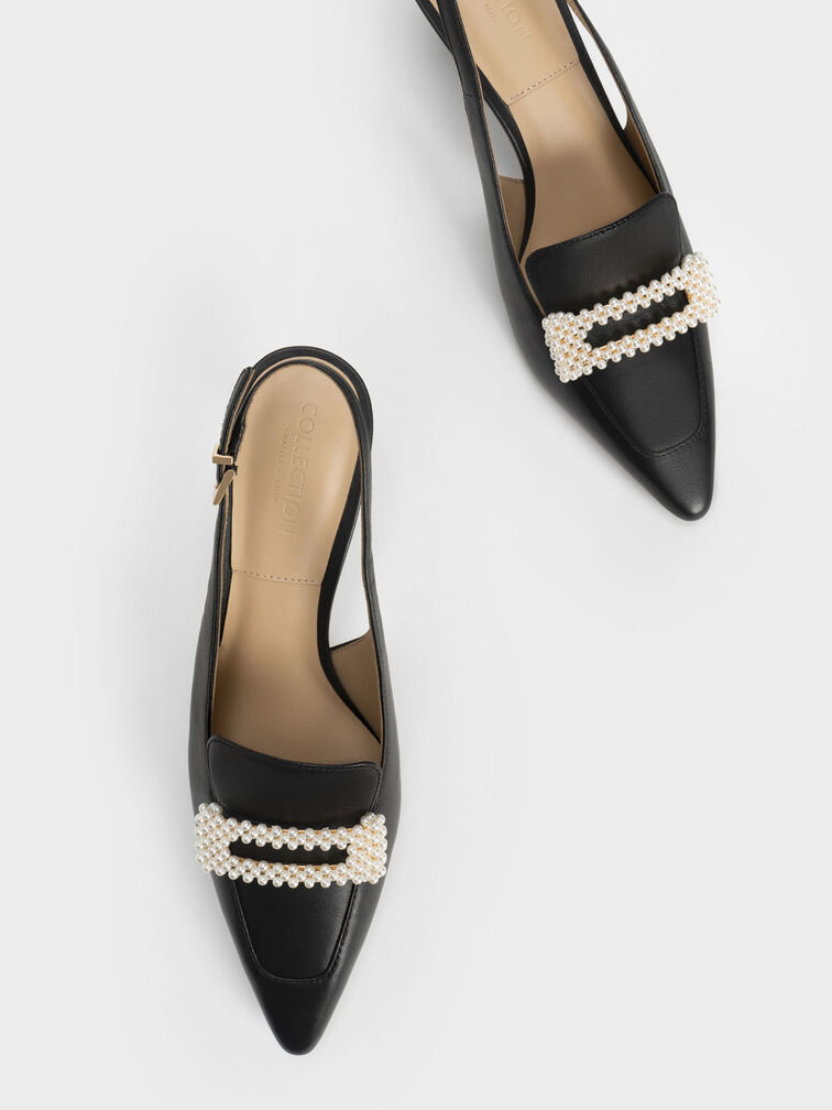 Leather Beaded Slingback Pumps, Black, hi-res