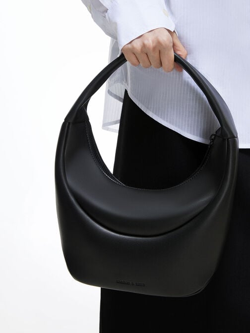 Elongated Curved Hobo Bag, Black, hi-res