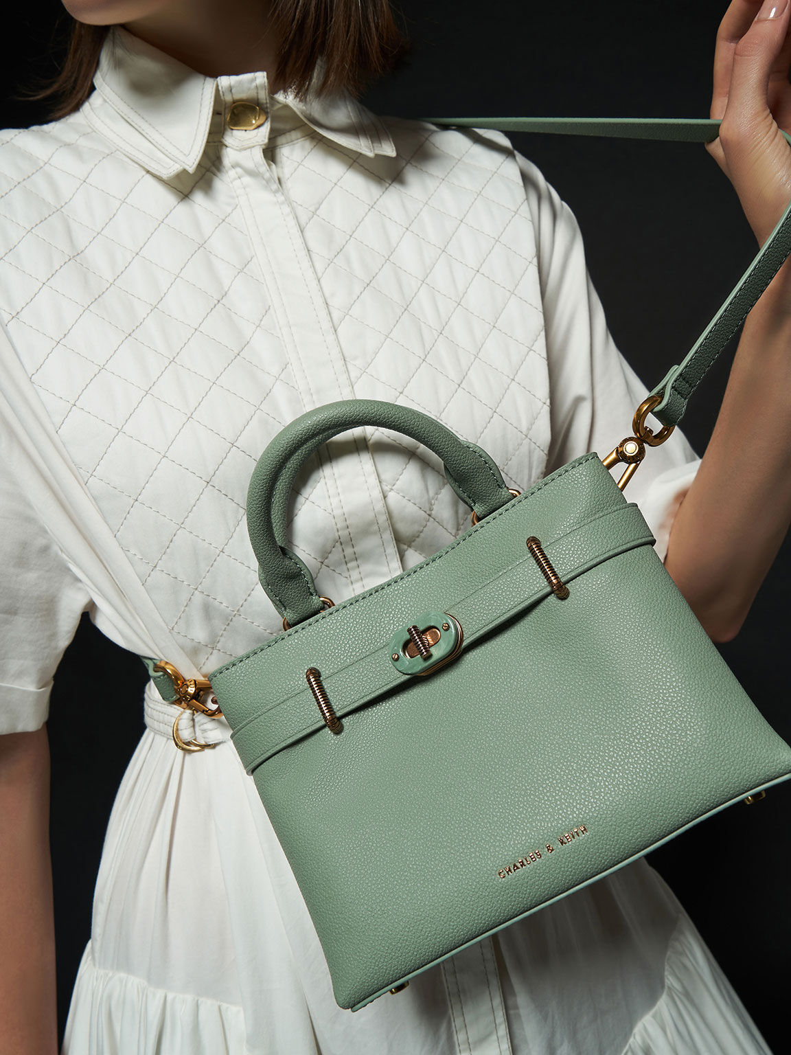 消費税無し Green Sage Double CHARLES - Bag Structured Turn-Lock Handle バッグ