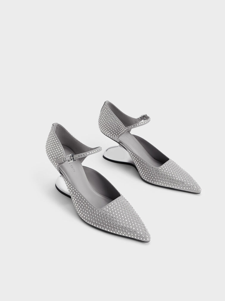 Zania Gem-Embellished Sculptural D'Orsay Wedges, Grey, hi-res