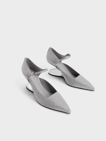 Zania Gem-Embellished Sculptural D'Orsay Wedges, Grey, hi-res