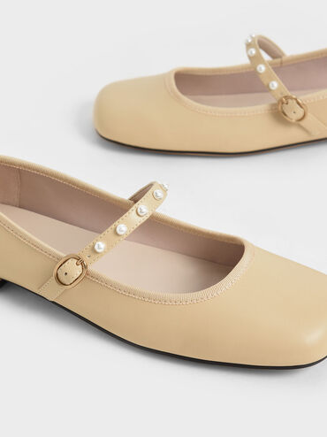 حذاء ماري جين مسطح مطرز بالخرز, أصفر, hi-res
