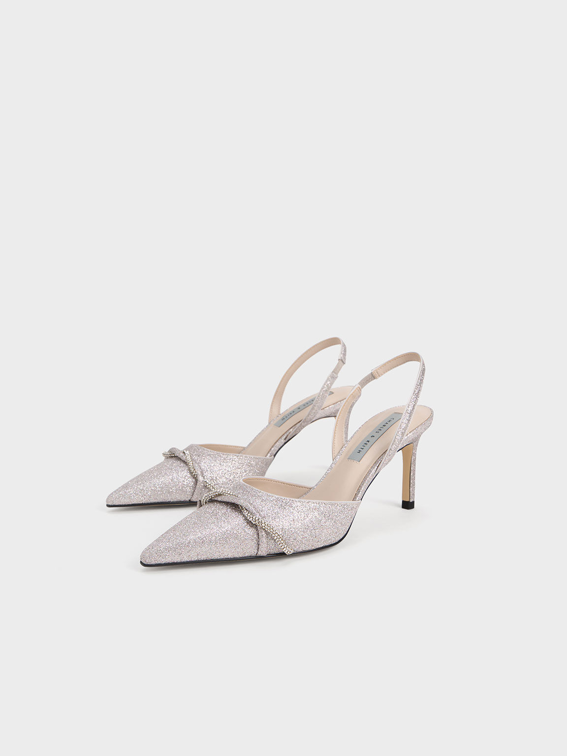 Twist Detail Glittered Slingback Pumps, Silver, hi-res