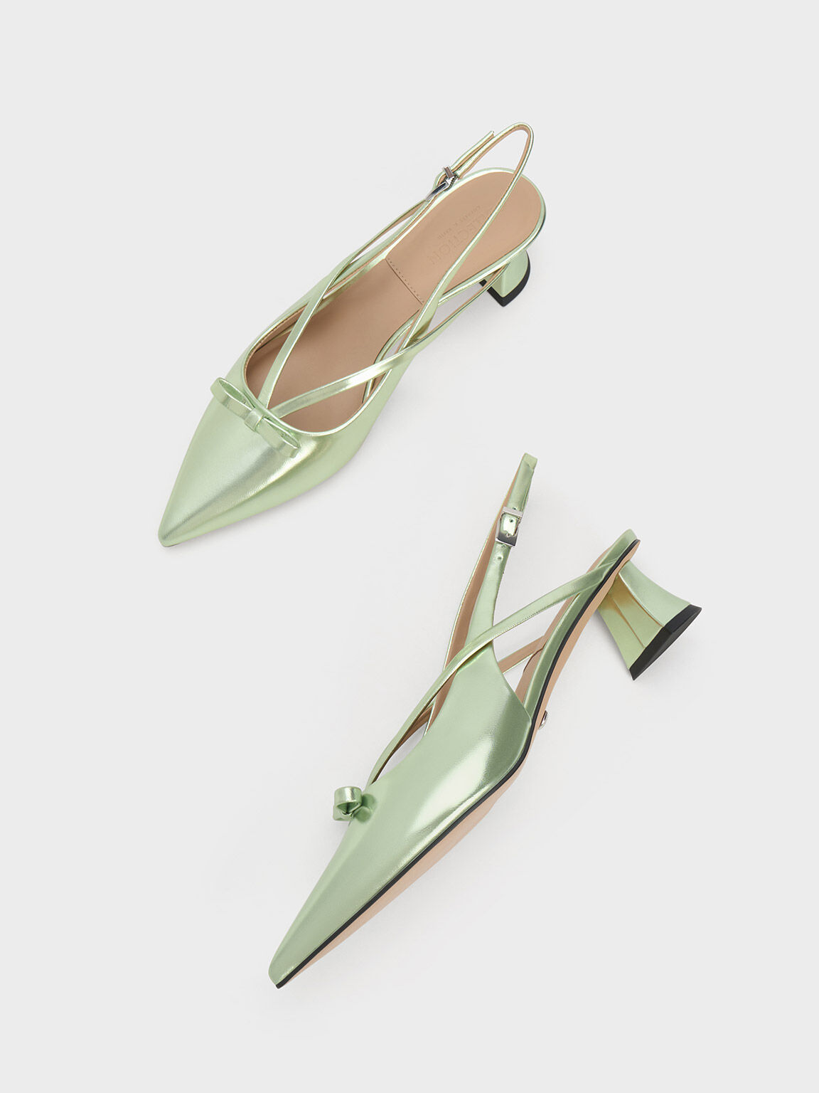 Metallic Leather Bow Strappy Slingback Pumps, Green, hi-res