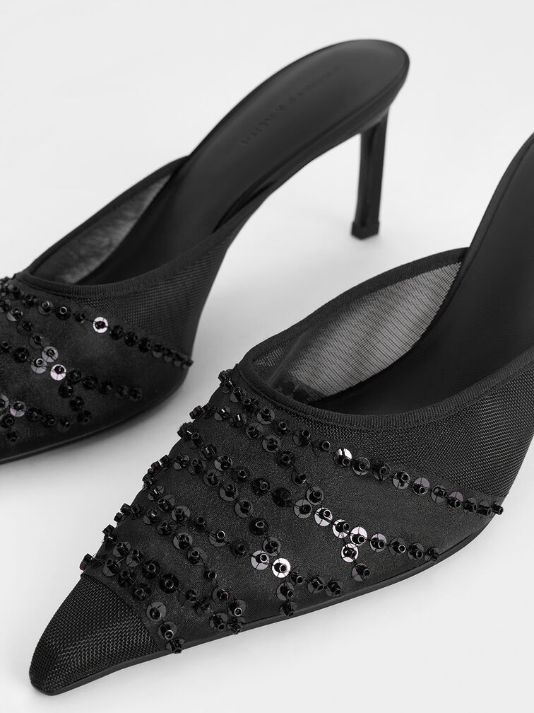 Mesh Sequinned Heeled Mules, Black Textured, hi-res