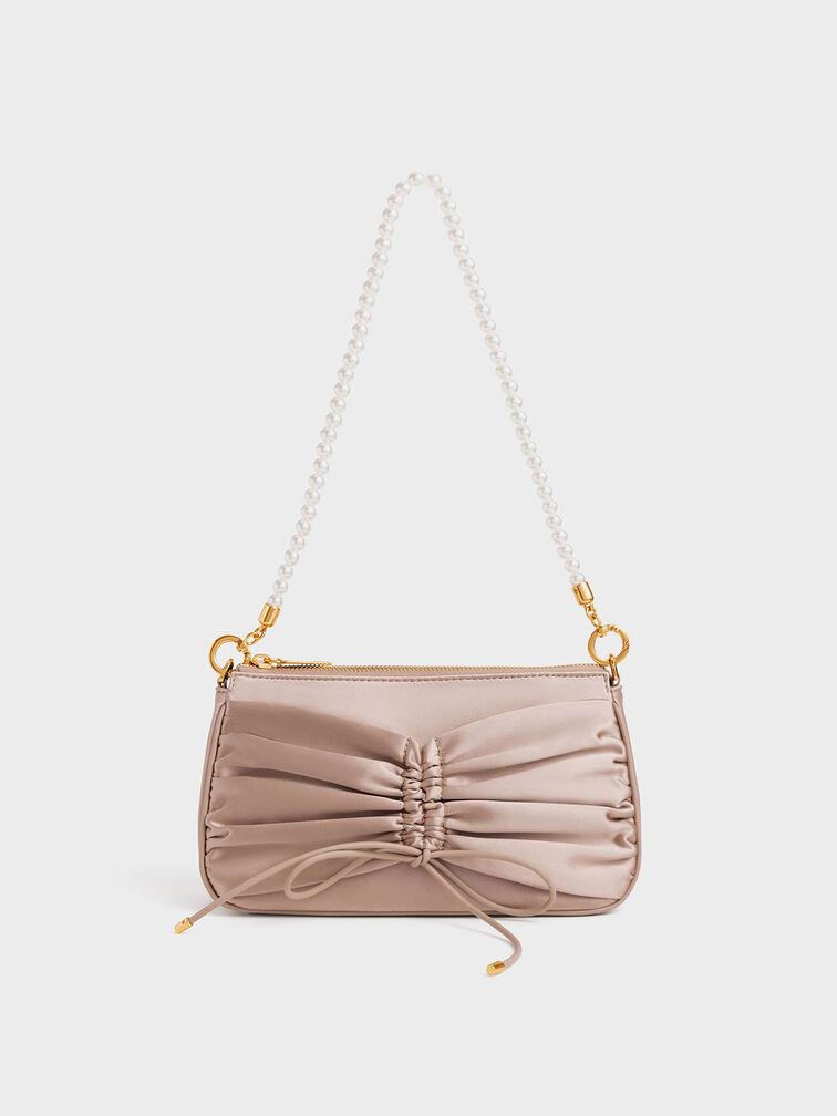 Satin Bow-Tie Bead-Handle Shoulder Bag, Beige, hi-res