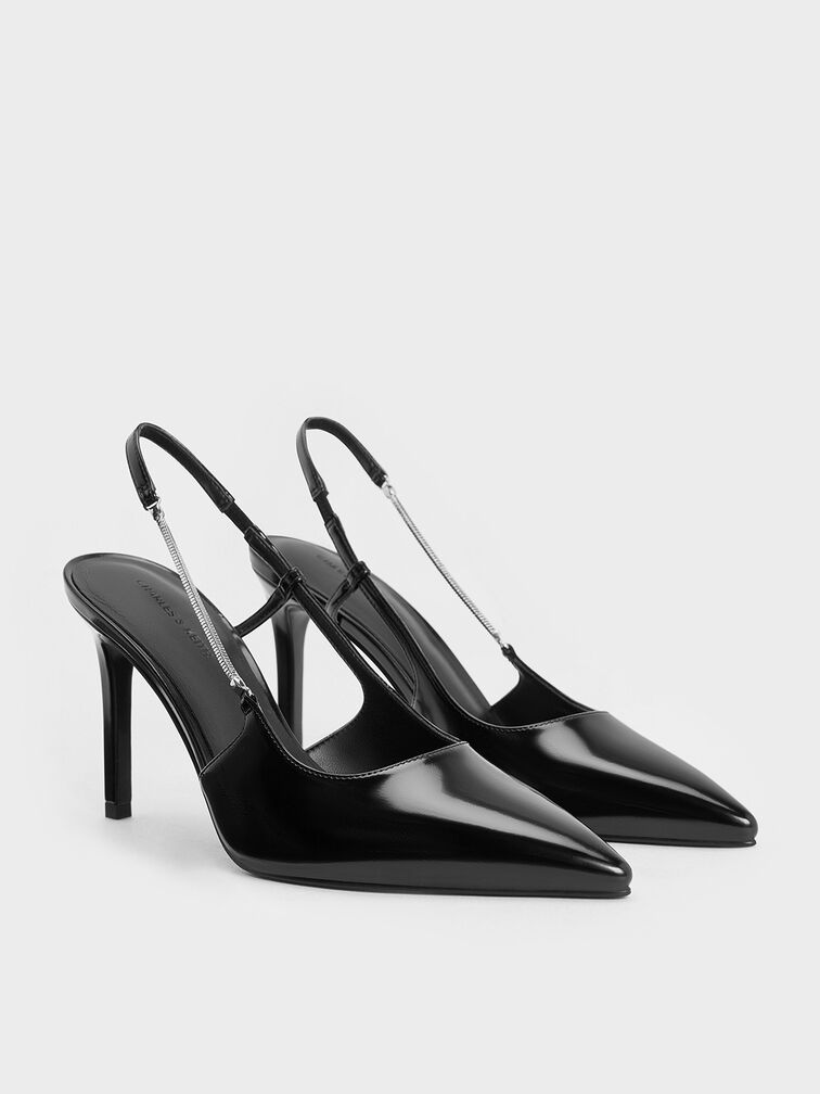 Chain-Strap Pointed-Toe Slingback Pumps, Black Boxed, hi-res