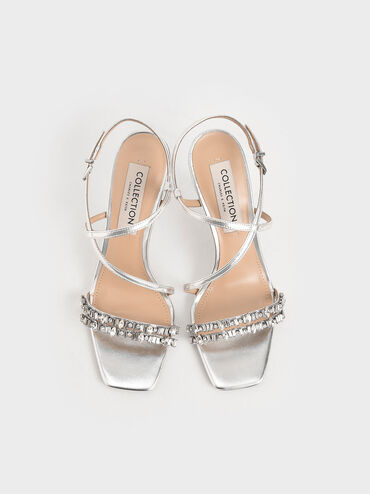 Wedding Collection: Metallic Leather Gem-Embellished Asymmetric Sandals, Silver, hi-res