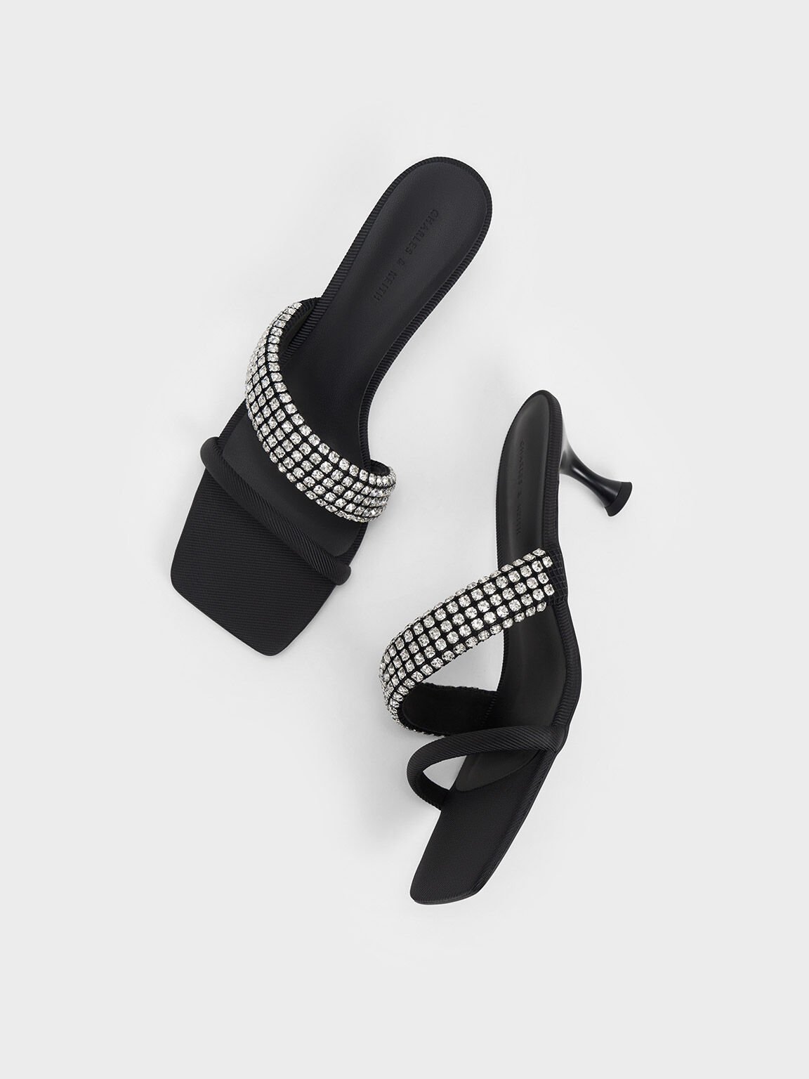Gem Embellished Strappy Mules, Black, hi-res