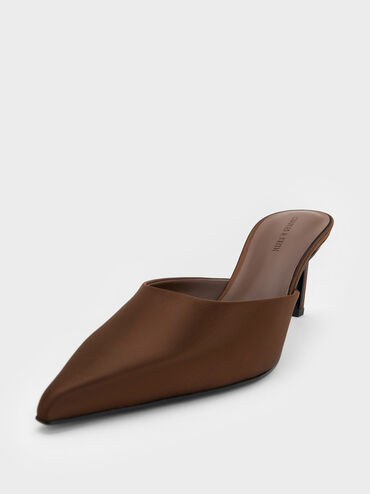 Satin Pointed-Toe Heeled Mules, Dark Brown, hi-res