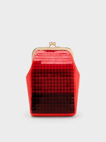Disc-Embellished Chain Handle Pouch, Red, hi-res