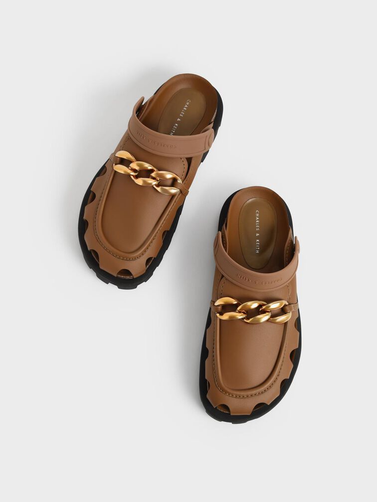 Brighton Chunky Chain-Link Flat Mules, Cognac, hi-res