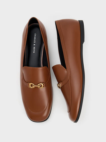 Metallic Accent Round-Toe Loafers, Brown, hi-res