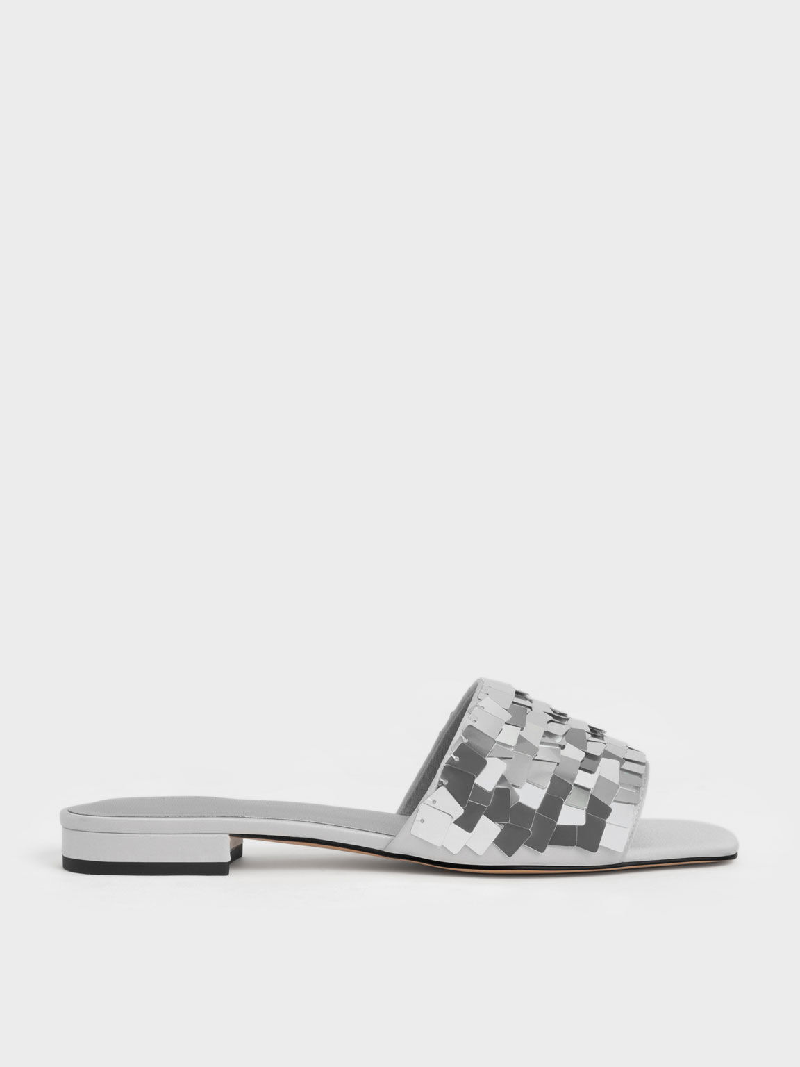 Sequinned Satin Slide Sandals, Silver, hi-res