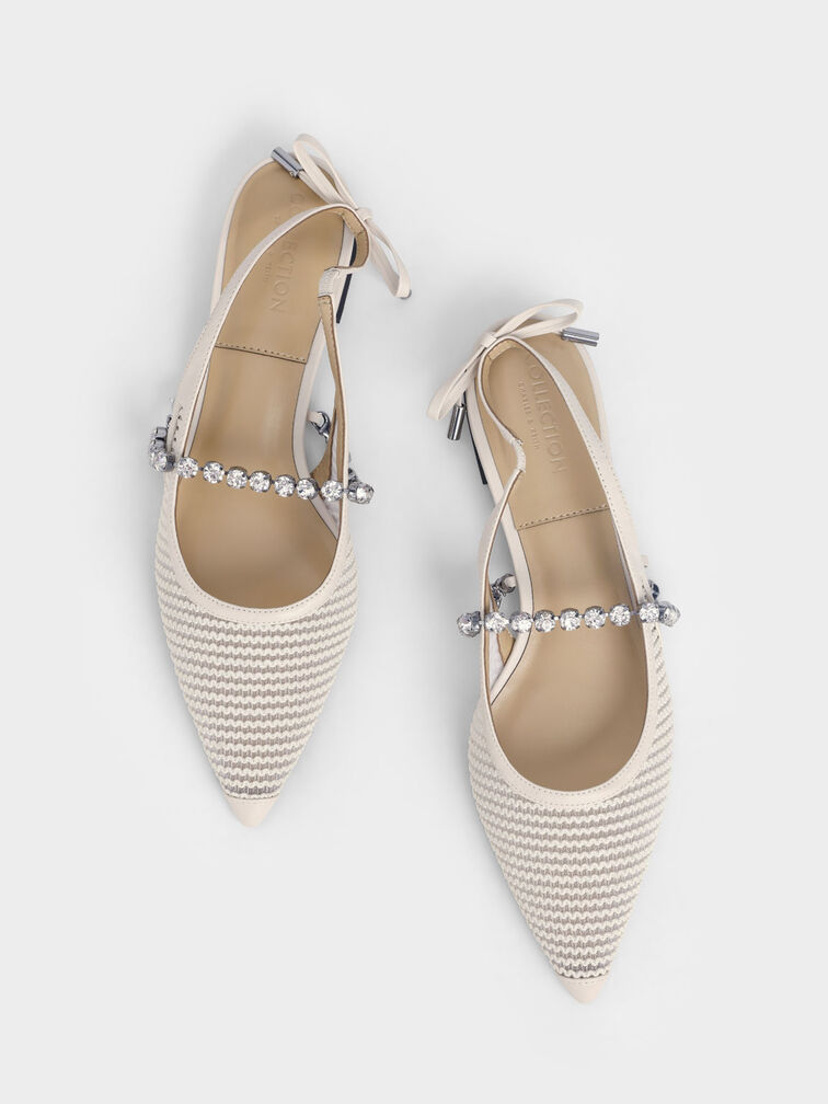 Gem-Strap Knit & Mesh Ballerina Pumps, Chalk, hi-res