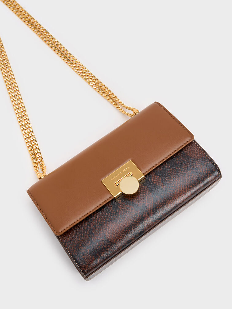 Snake Print Metallic Accent Clutch, Chocolate, hi-res