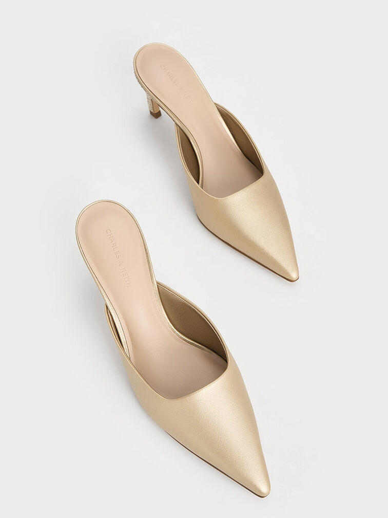 Crystal-Heel Pointed-Toe Mules, Gold, hi-res